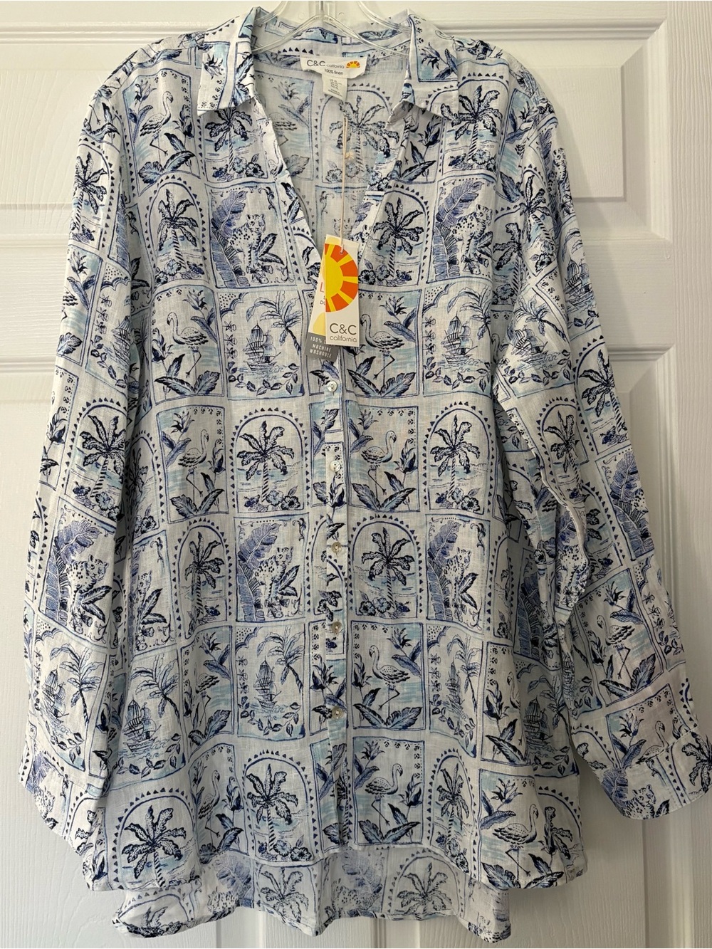 C&C California Blue White linen coastal Print button up blouse XL NEW